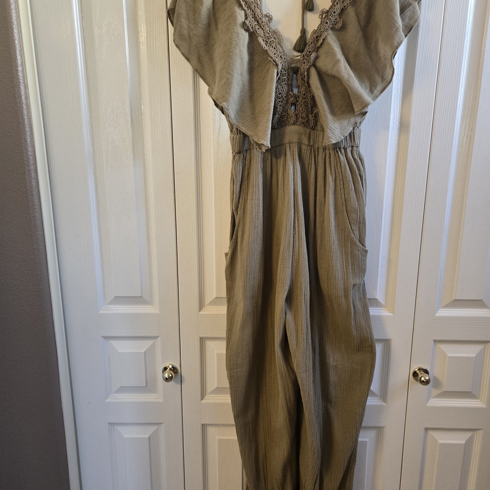 Free People Olive Jumpsuit with Lace Details